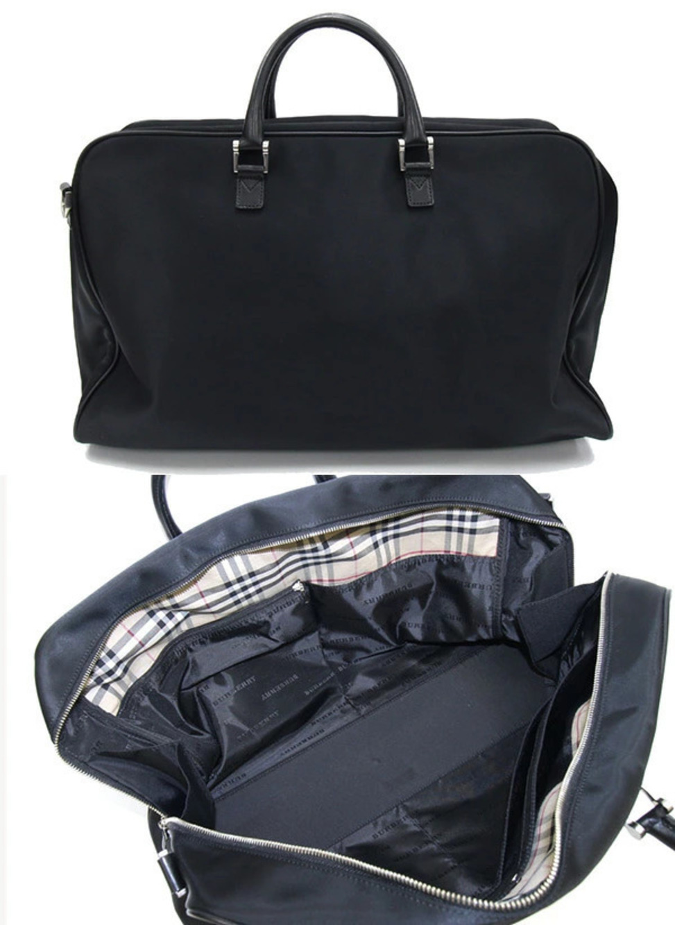 Burberry Leather Nova Check Shoulder Bag Boston Strap Travel Black